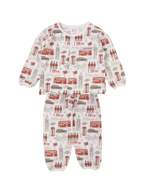 

TOFFY HOUSE Boys Off-White & Red Printed Cotton Night suit