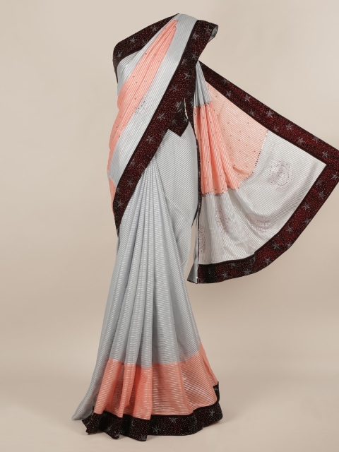 

Pothys Pink & Grey Poly Chiffon Striped Saree