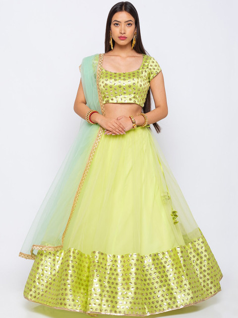 

6Y COLLECTIVE Lime Green & Gold-Toned Embroidered Semi-Stitched Lehenga & Unstitched Blouse with Dupatta