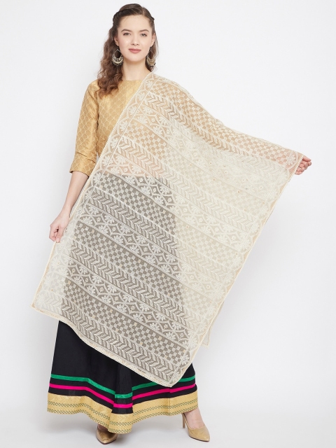

Clora Creation Cream-Coloured & Gold-Toned Embroidered Dupatta