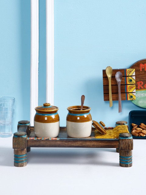 

Aapno Rajasthan Set Of 2 Off-White & Brown Colorblocked Ceramic Barni Set With Khaat Tray