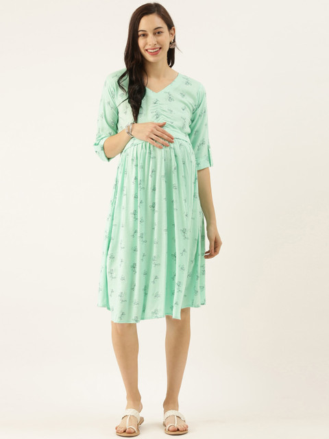 

GOLDSTROMS Women Green Printed Maternity Fit and Flare Dress