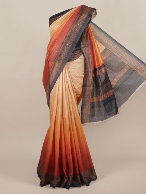 

Pothys Peach-Coloured & Orange Jute Silk Colourblocked Saree