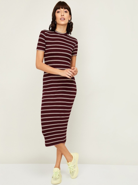 

Ginger by Lifestyle Women Burgundy Striped T-shirt Dress