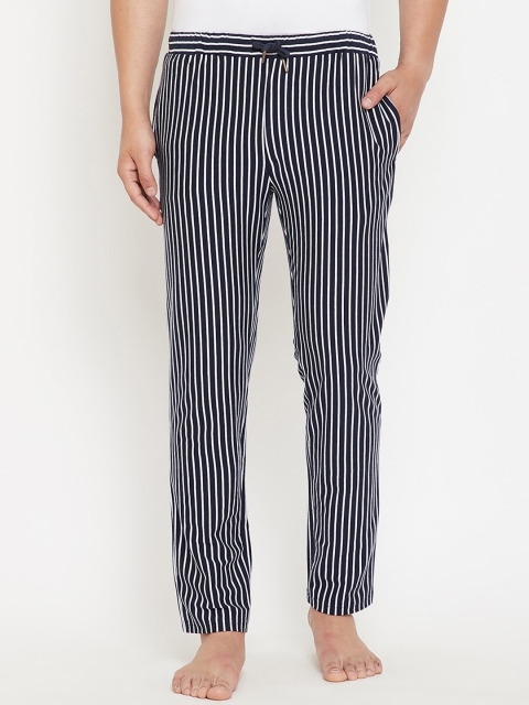 

Hypernation Men Navy Blue & White Striped Cotton Lounge Pants