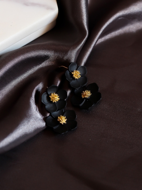 

Bellofox Black Gold-Plated Floral Shaped Drop Earrings