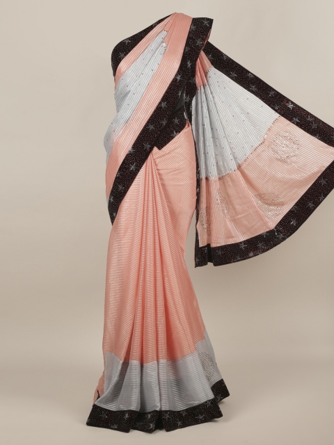 

Pothys Peach-Coloured & Grey Poly Chiffon Colourblocked Saree With Embellished Border