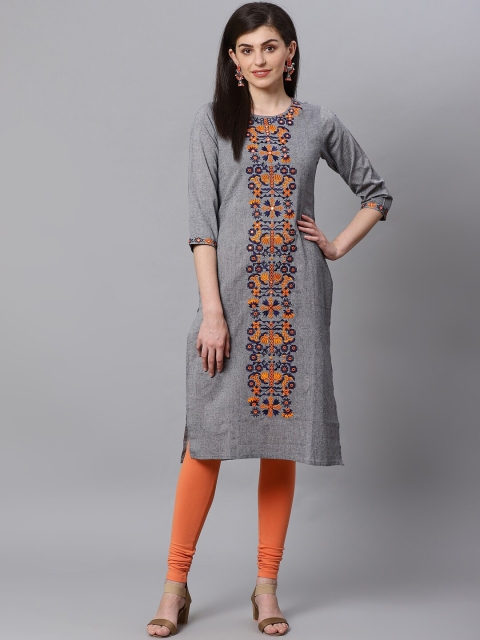 

Kifahari Women Grey & Orange Embroidered Cotton Kurta with Churidar