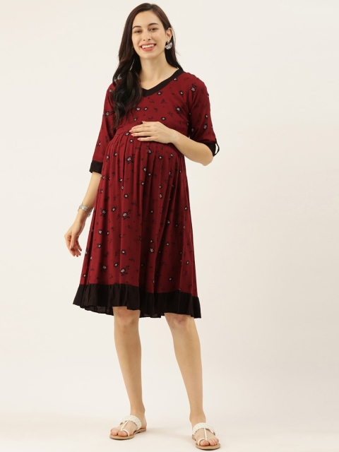 

GOLDSTROMS Women Maroon Floral Printed Fit and Flare Maternity Dress
