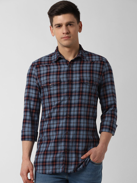 

Peter England Casuals Men Blue & Maroon Regular Fit Checked Cotton Casual Shirt