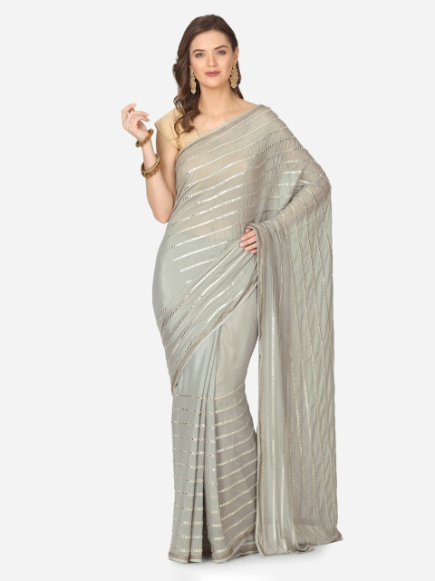 

BOMBAY SELECTIONS Grey Striped Poly Crepe Saree