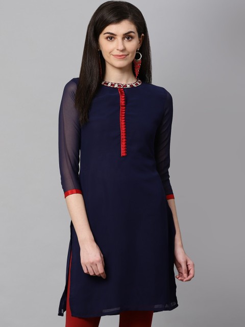 

Kifahari Women Navy Blue & Red Embroidered Kurta with Churidar