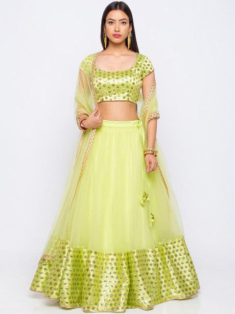 

6Y COLLECTIVE Lime Green & Gold-Toned Embellished Semi-Stitched Lehenga & Unstitched Blouse with Dupatta
