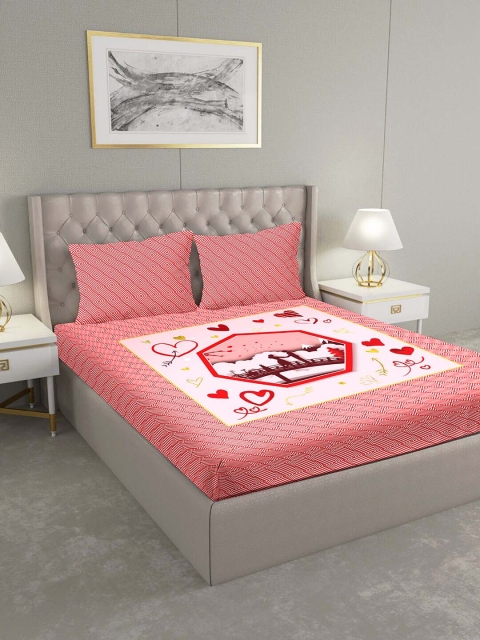 

BELLA CASA Coral & Red Striped 124 TC Cotton King Bedsheet with 2 Pillow Covers