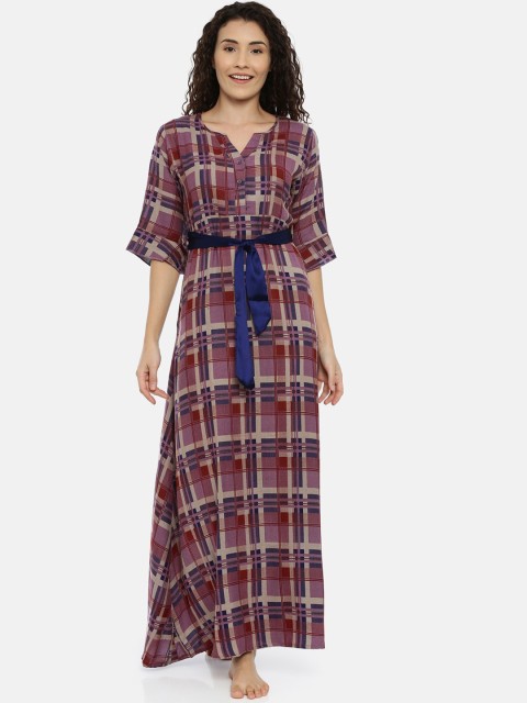 

GOLDSTROMS Women Purple & Grey Checked Nightdress With Belt