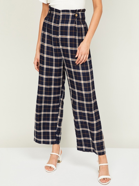 

CODE by Lifestyle Women Navy Blue & Off-White Checked Parallel Trousers