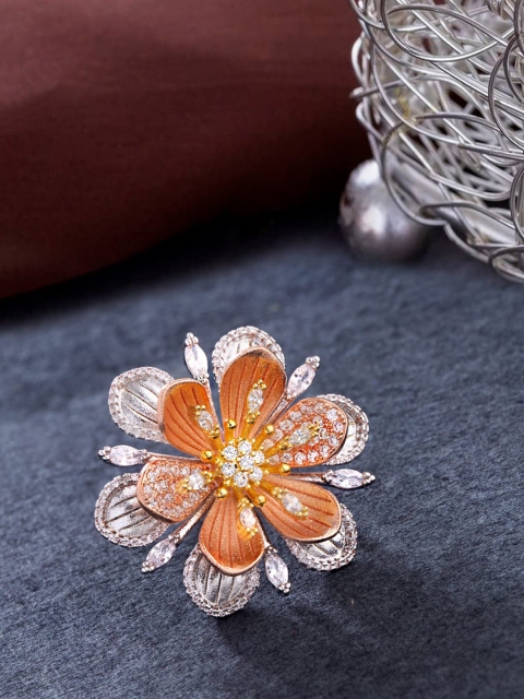 

Studio Voylla Silver-Toned & Orange CZ-Studded Troika Adjustable Finger Ring