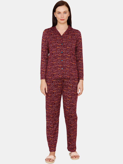 

Zivame Women Maroon & Orange Printed Night suit