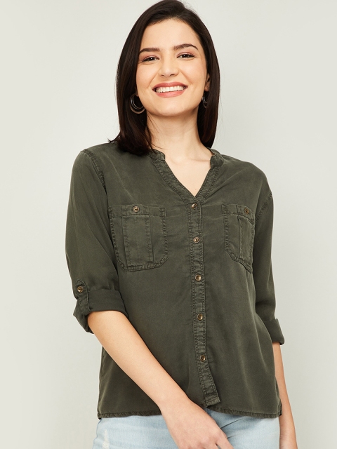 

Fame Forever by Lifestyle Olive Green Mandarin Collar Shirt Style Top