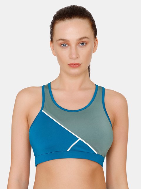 

Zelocity by Zivame Blue & Grey Colourblocked Non-Wired Removable Padding Workout Bra