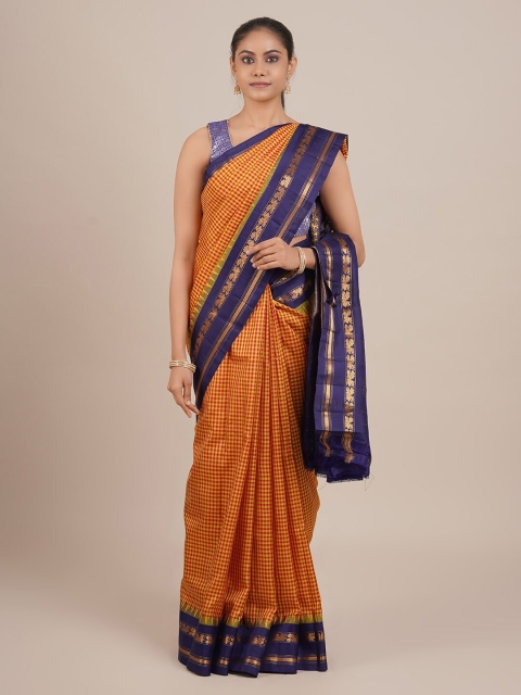 

Pothys Orange & Red Pure Silk Checked Gadwal Saree