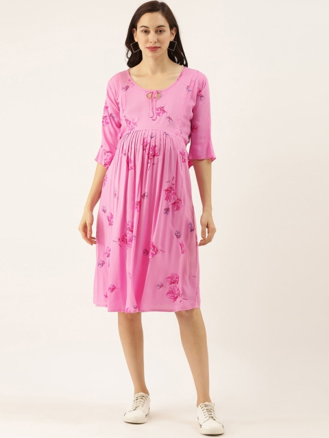 

GOLDSTROMS Women Pink Floral Printed Maternity Short Gown Dress