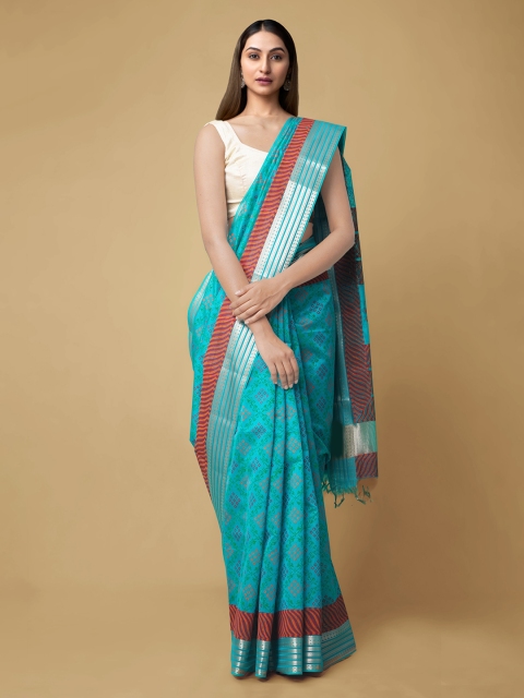 

Unnati Silks Blue Checked Chanderi Saree