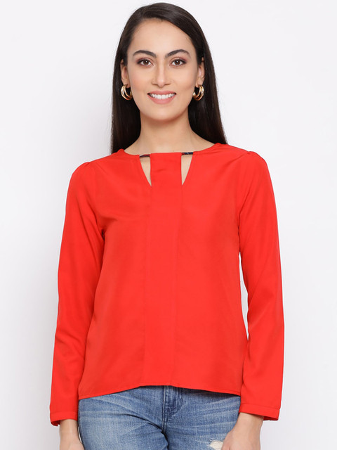 

ALL WAYS YOU Red Solid Keyhole Neck Georgette Regular Top