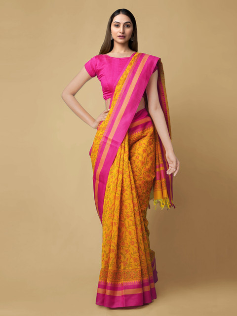 

Unnati Silks Orange Printed Chanderi Saree