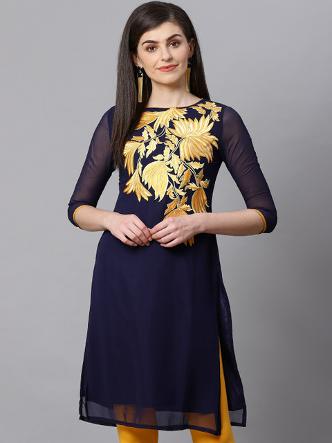 

Kifahari Women Navy Blue & Yellow Embroidered Kurti with Churidar