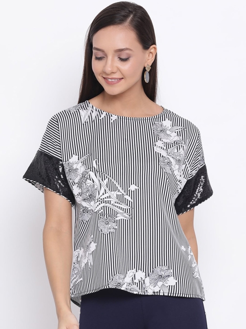 

ALL WAYS YOU Women White & Black Floral Printed Sheer Regular Top