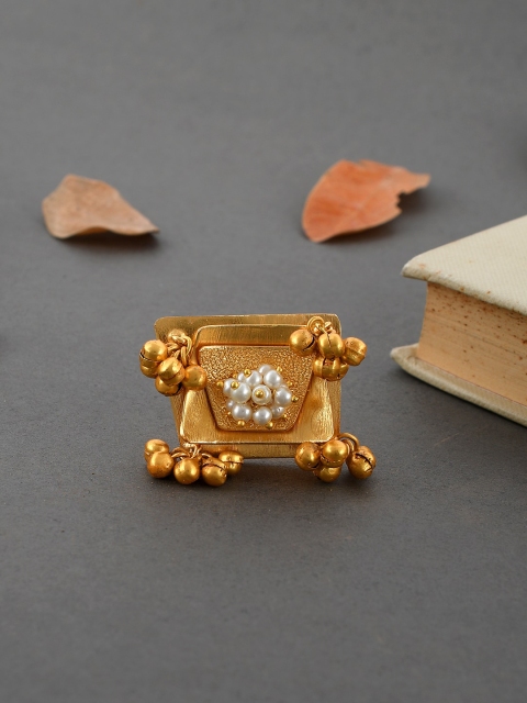 

Imittire Gold-Plated White Pearl-Studded Adjustable Cocktail Finger Ring