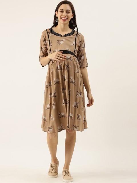 

GOLDSTROMS Women Brown & Black Floral Printed Maternity Fit and Flare Dress