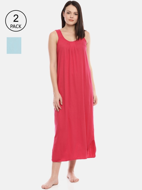 

GOLDSTROMS Women Pack of 2 Fuchsia & Turquoise Blue Solid Nightdress