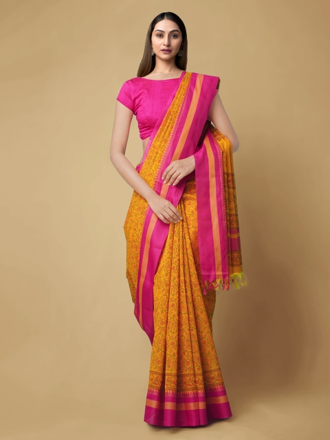

Unnati Silks Orange & Pink Pure Silk Printed Chanderi Saree