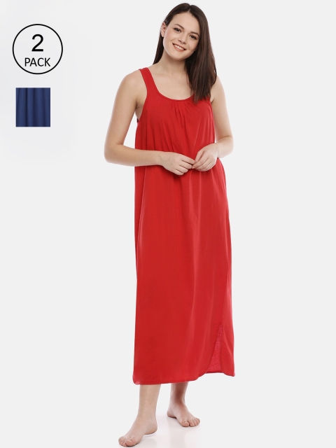 

GOLDSTROMS Pack of 2 Red & Navy Blue Solid Nightdress