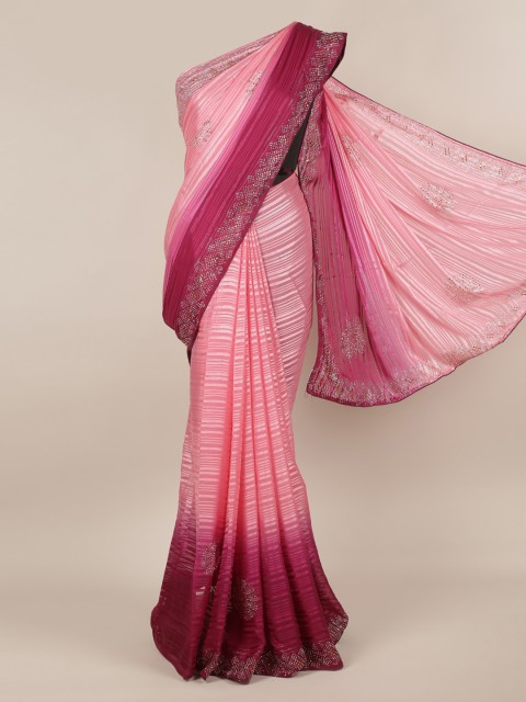 

Pothys Pink Striped Poly Chiffon Saree