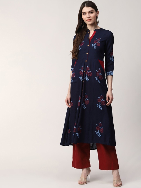 

Indi INSIDE Women Blue Floral Embroidered Flared Sleeves Thread Work Anarkali Kurta