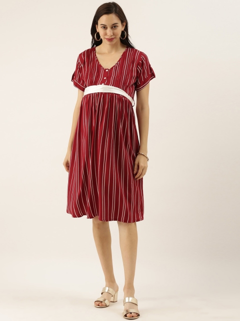 GOLDSTROMS Women Maroon Striped Maternity A-Line Dress