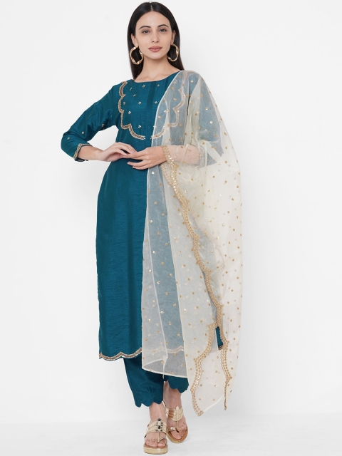 

FASHOR Women Teal Embellished Yoke Design Kurta with Trousers & Dupatta
