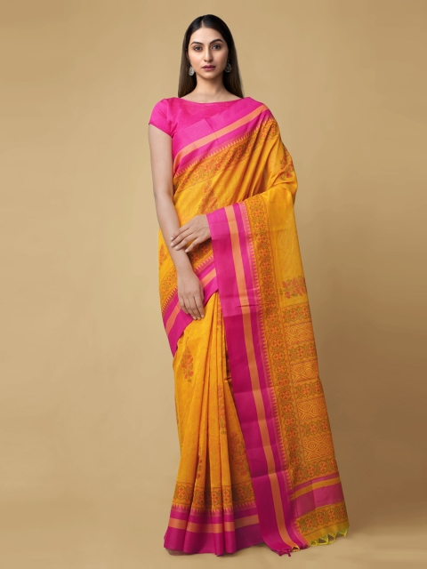 

Unnati Silks Orange Pure Silk Solid Chanderi Saree