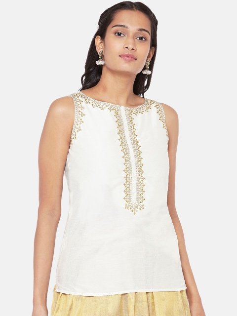 

Ethnicity Off White & Gold-Toned Geometric Embellished A-Line Top