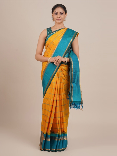 

Pothys Yellow & Turquoise Blue Pure Silk Checked Gadwal Saree