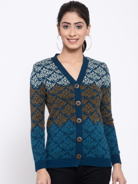 Kalt Women Blue Printed Cardigan Sweater