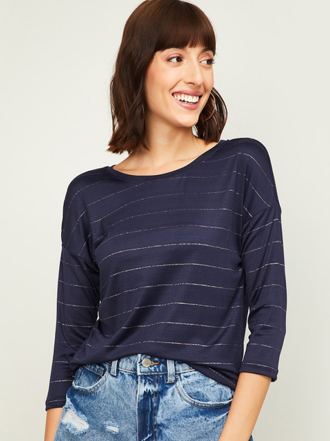 

Fame Forever by Lifestyle Navy Blue Striped Regular Top