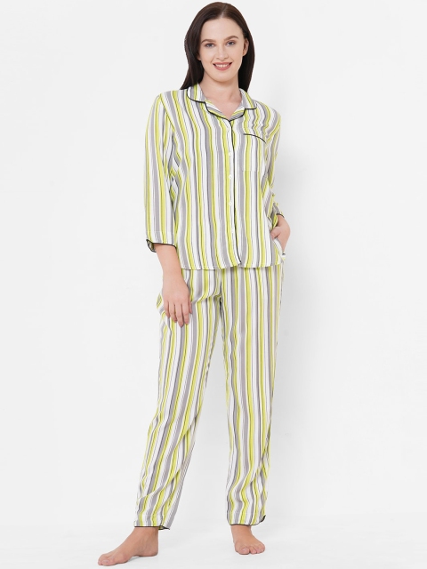 

Mystere Paris Women Green & Grey Striped Night suit