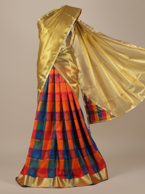 

Pothys Gold-Toned & Orange Tissue Checked Traditional Half Saree