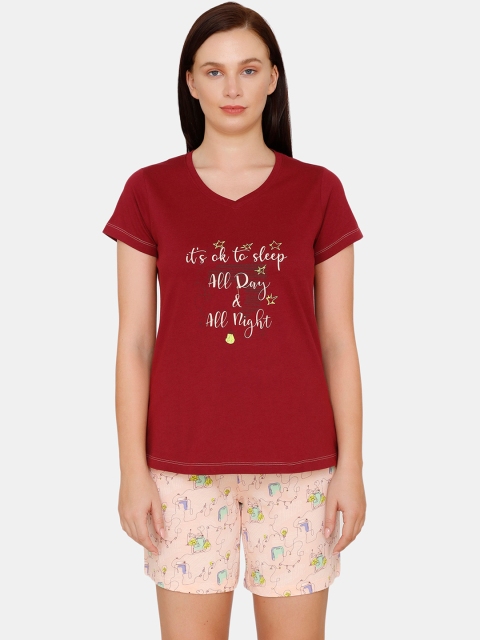 

Zivame Women Maroon & Peach-Coloured Printed Night suit