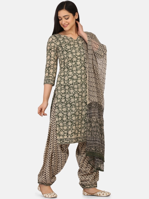 

Shaily Olive Green & Cream-Coloured Pure Cotton Unstitched Dress Material