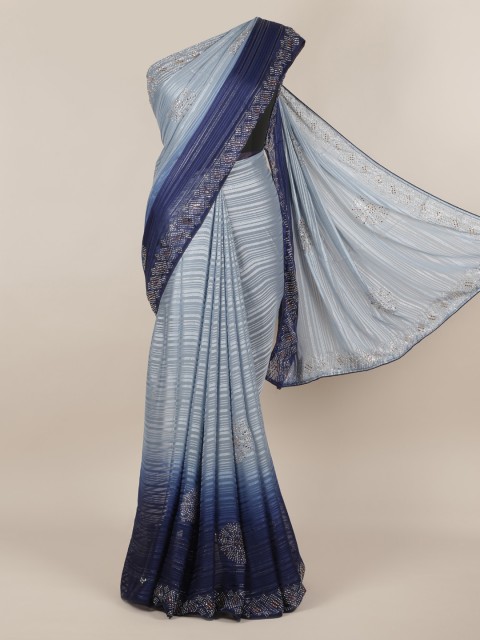 Pothys Grey Striped Poly Chiffon Saree